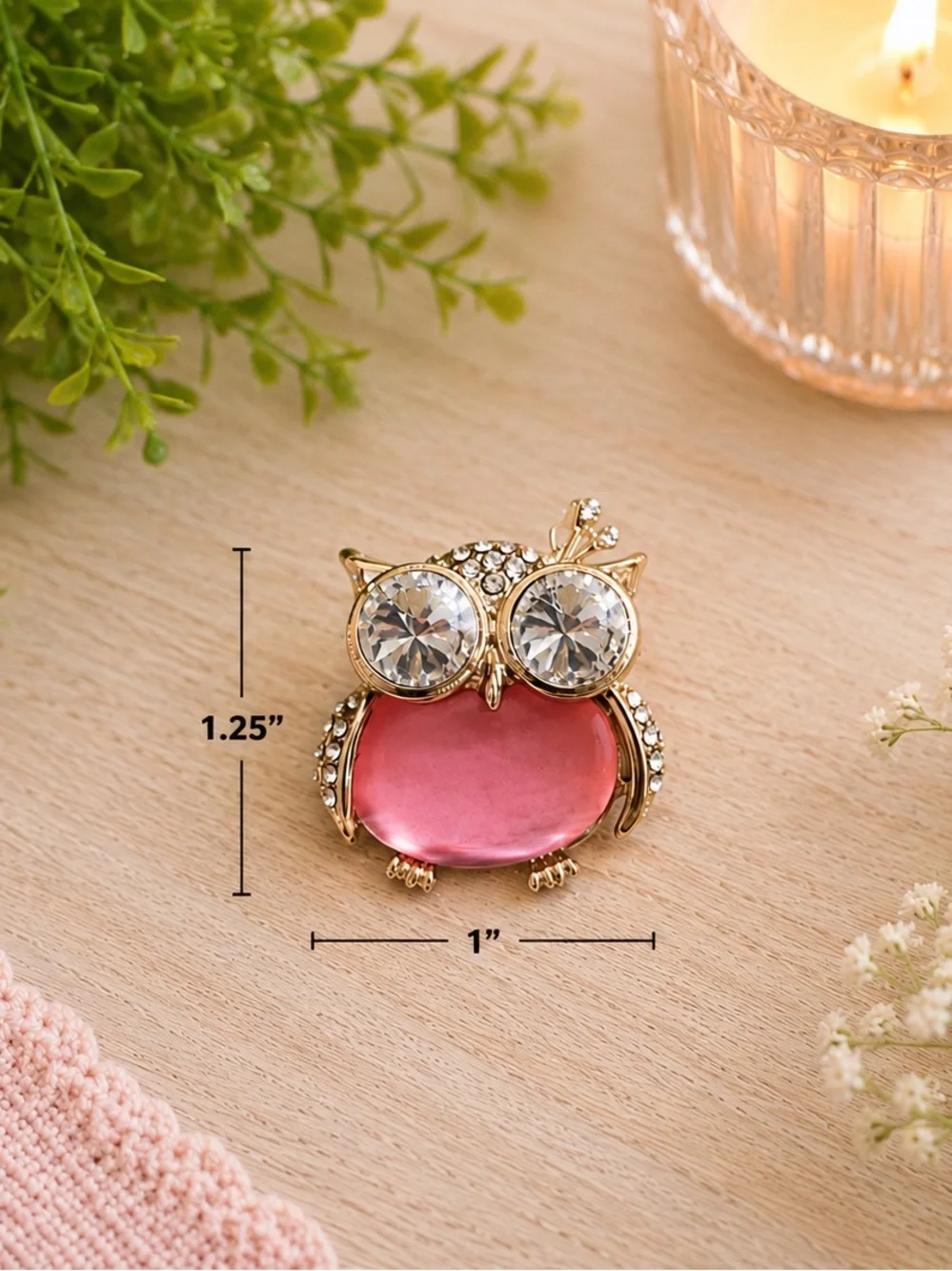 Gold Owl Brooch with Pink Gem and Crystal Eyes